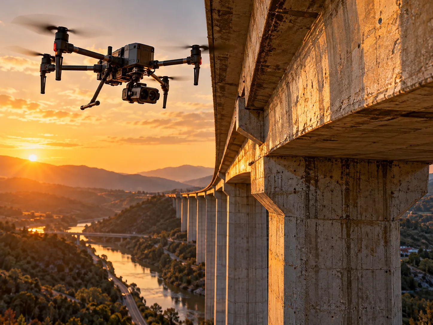 Ispezione aerea di infrastrutture e viadotti con drone, scena illustrativa